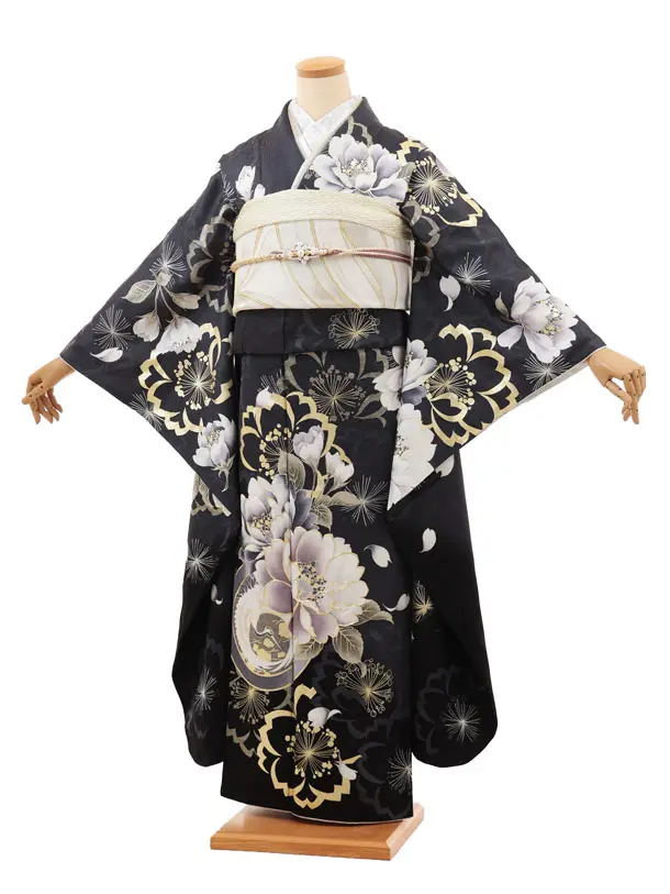 振袖レンタル1550　紺グレー 鶴丸紋に桜