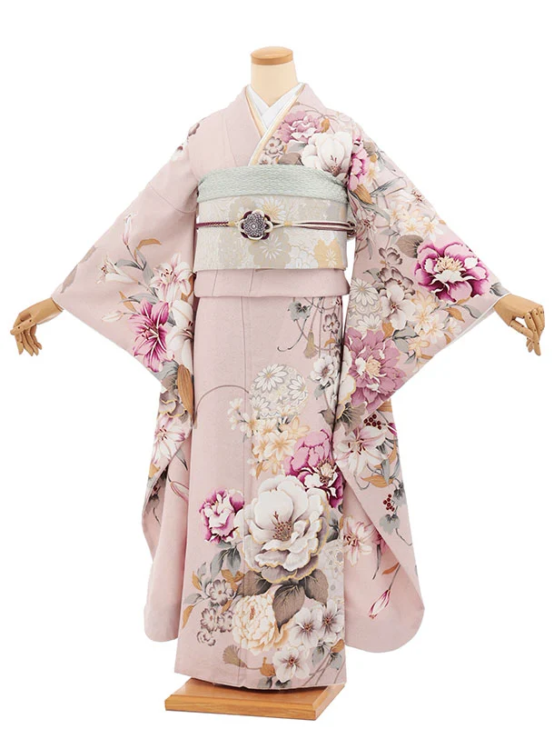 振袖レンタル1559　パールピンク 鞠に牡丹