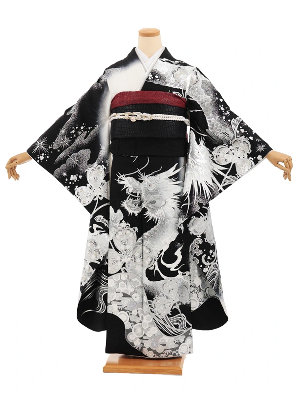 振袖レンタル1561　白黒銀彩龍