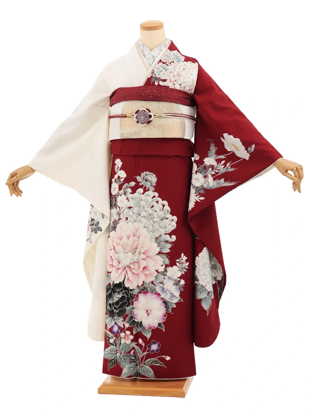 振袖レンタル1563　華徒然 アイボリー赤