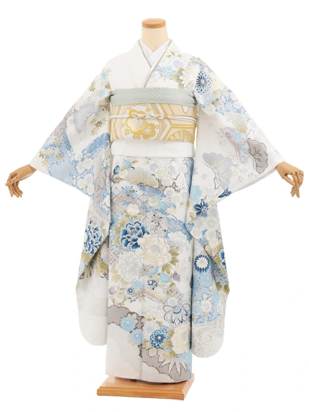 振袖レンタル1566　白地 まり牡丹四季花