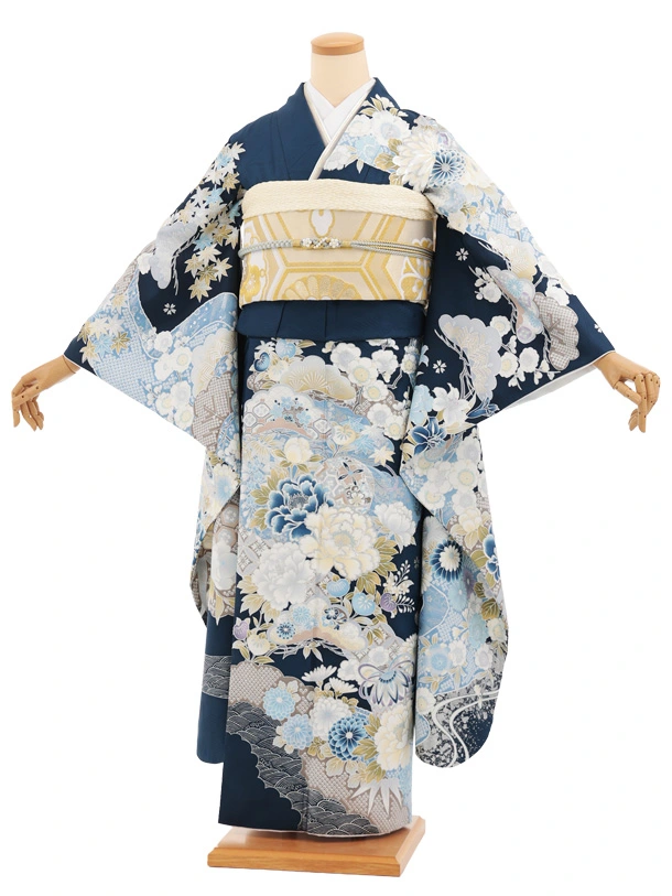 振袖レンタル1567　紺地 まり牡丹四季花