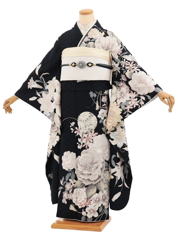 振袖レンタル1569　紺地　マリ　花