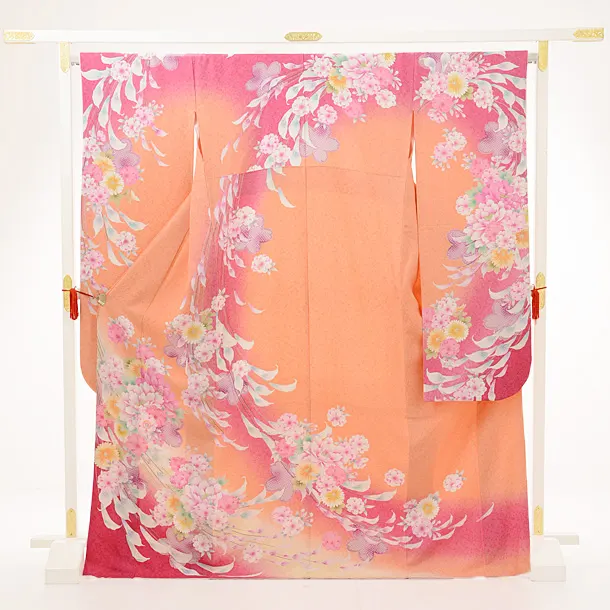振袖レンタルE033チェリーピンクオレンジぼかし牡丹にカラー | 着物