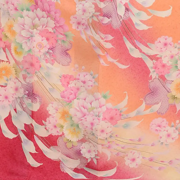 着物ピンクオレンジ色品番2番、付け下げ 夏用訪問着レンタル。単衣タイプの訪問着、母親着物レンタル