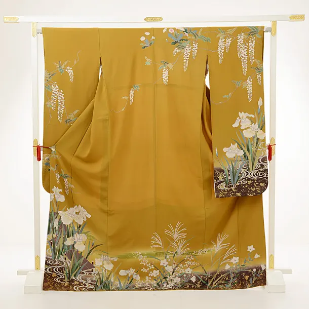 振袖レンタルE046からし色花菖蒲 | 着物レンタルの京都かしいしょう