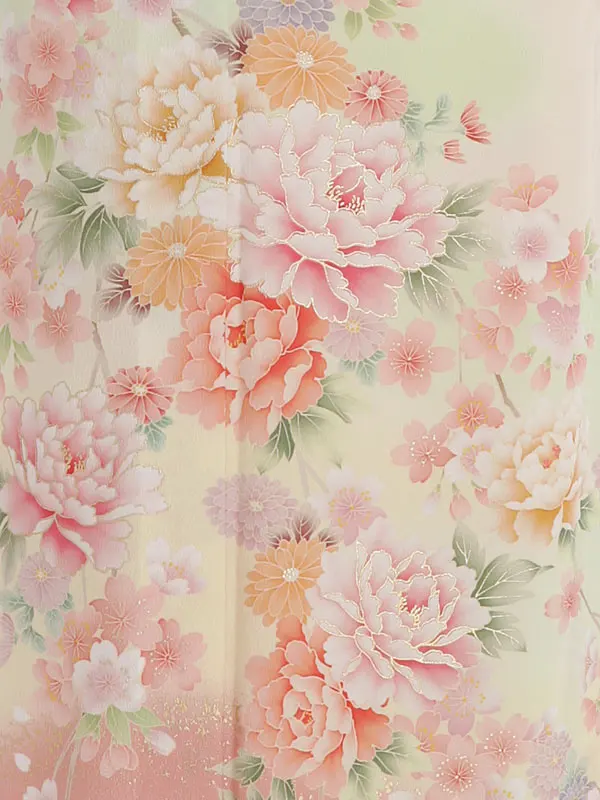 単衣・訪問着・しだれ菊・色紙に花・ベージュピンク・正絹　M‐31 単衣・訪問着・しだれ菊・色紙に花・ベージュピンク・正絹 M‐31 単