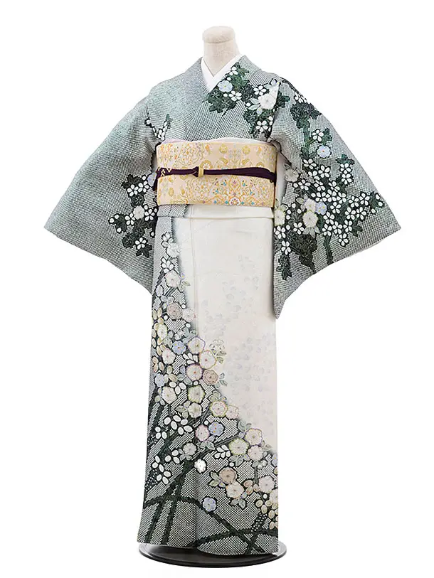 訪問着ﾚﾝﾀﾙ748 桂由美 白ﾗﾒ地 ｸﾞﾘｰﾝ 鹿の子柄 辻が花 | 着物