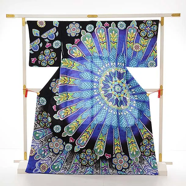 訪問着ﾚﾝﾀﾙ814 黒地 ﾗﾒ ｽﾃﾝﾄﾞｸﾞﾗｽ | 着物レンタルの京都かしいしょう