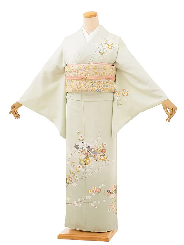 訪問着レンタルt866 ヒワ色 扇絵 梅菊 | 着物レンタルの京都
