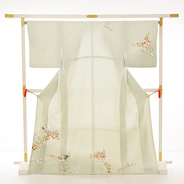 訪問着レンタルt866 ヒワ色 扇絵 梅菊 | 着物レンタルの京都