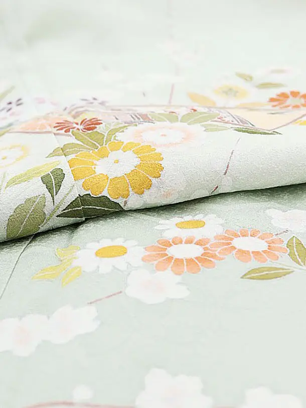 訪問着レンタルt866 ヒワ色 扇絵 梅菊 | 着物レンタルの京都