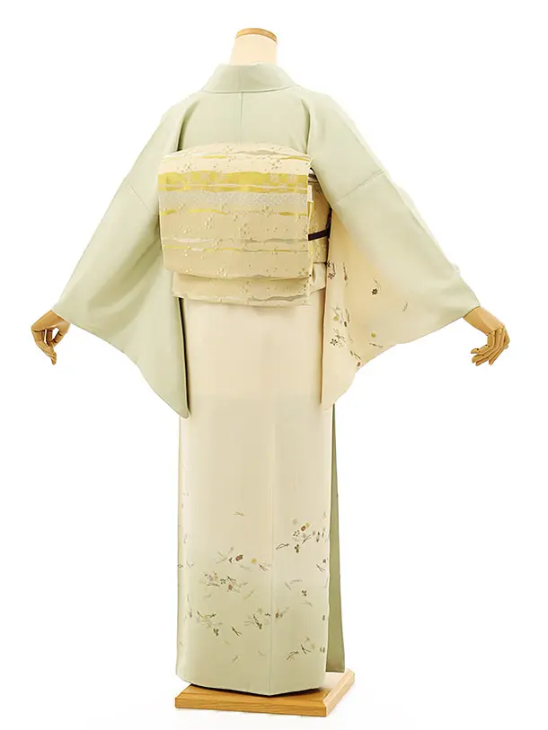 紗　訪問着　染め分け　薄物 訪問着t937 刺繍 吹き寄せ草花文ベージュ薄グリーン | 着物