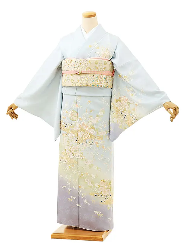 訪問着　フルセット　難あり　さが美　地紙　観世水　練習用　モニター用　着物　P5 訪問着tQ1008 水色 かすみに四季花 | 着物レンタルの京都かしい