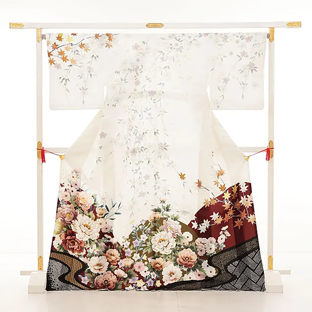 訪問着t1222 白地 ブラウン牡丹桜 | 着物レンタルの京都かしいしょう