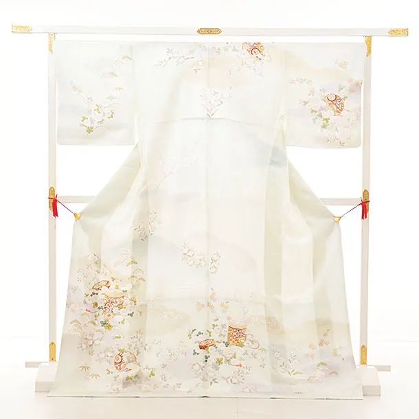 訪問着t1325 うすヒワ色 貝桶に四季花〔トールサイズ〕 | 着物レンタル