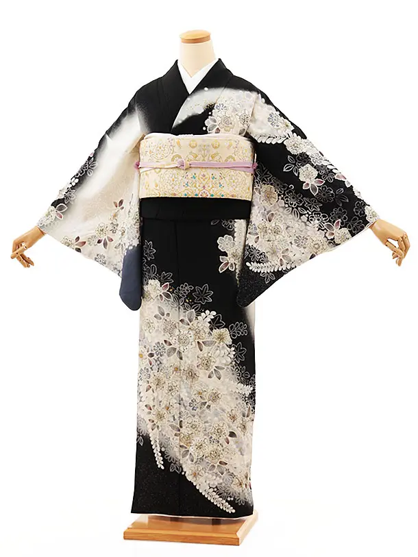 訪問着ﾚﾝﾀﾙ814 黒地 ﾗﾒ ｽﾃﾝﾄﾞｸﾞﾗｽ | 着物レンタルの京都かしいしょう