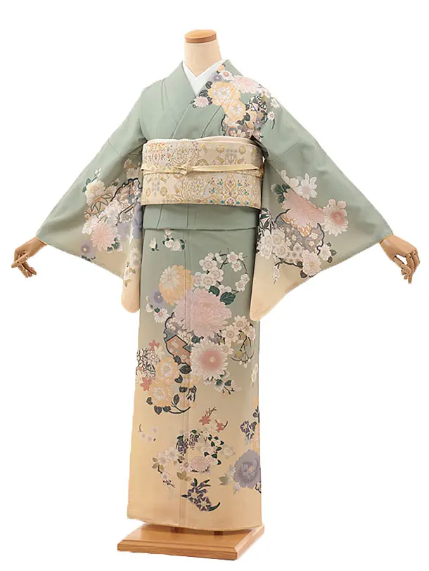 訪問着t1374 スモーキーグリーンぼかし 四季花(化繊)