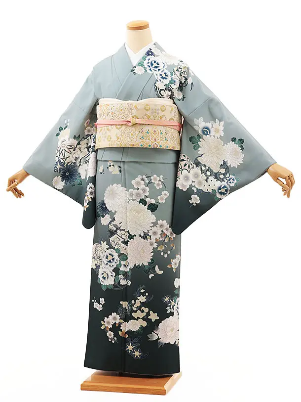 訪問着t1375 グリーングレーぼかし 四季花(化繊)