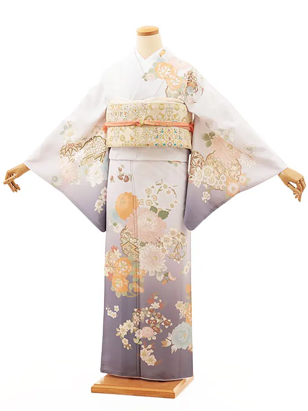 訪問着t1376 薄パープルぼかし 四季花(化繊)