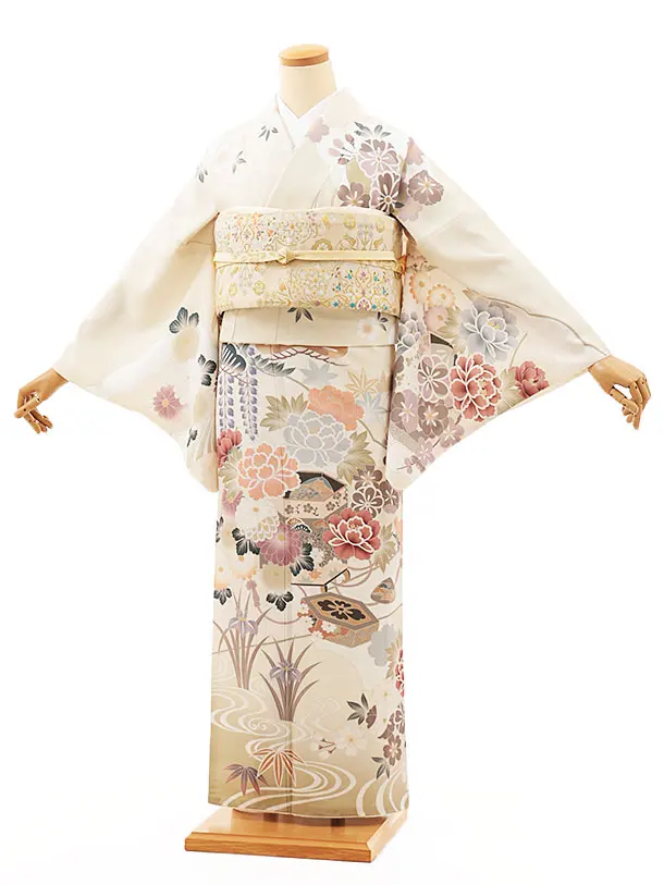 訪問着t1377 クリームベージュ貝桶に四季花(化繊)