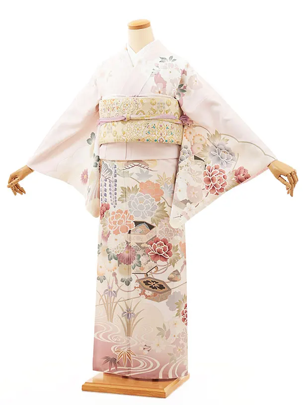 訪問着t1378 薄ピンク貝桶に四季花(化繊)