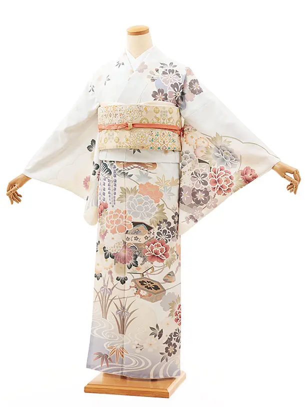 訪問着t1379 薄グレー貝桶に四季花(化繊)