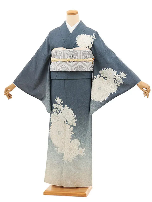 訪問着t1380 JAPAN STYLE ブルーグレー霜降り菊（化繊)