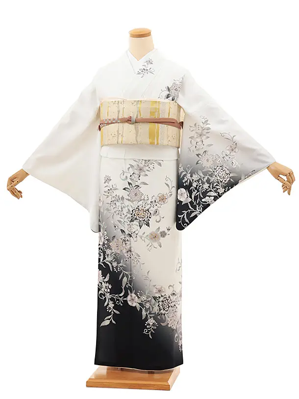 訪問着t1389 式部浪漫 白黒ぼかし 風雅更紗(化繊)