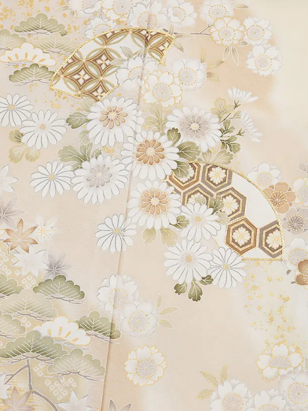 訪問着t1404 クリーム地 扇絵に菊花 | 着物レンタルの京都かしい