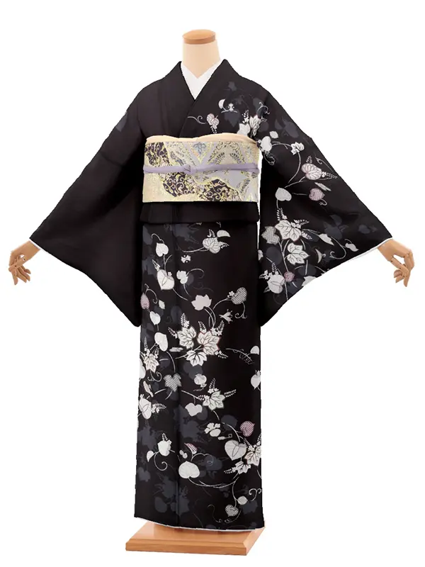 訪問着t1419 黒地 桐葵 宝尽くし(化繊)
