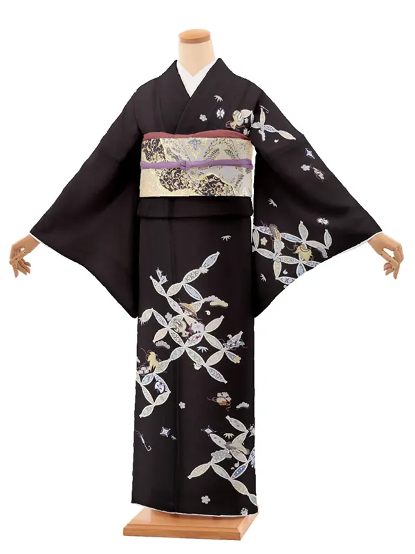 訪問着t1422 黒地 七宝尽くし(化繊)