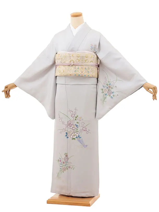 訪問着t1436  薄グレー地 花束