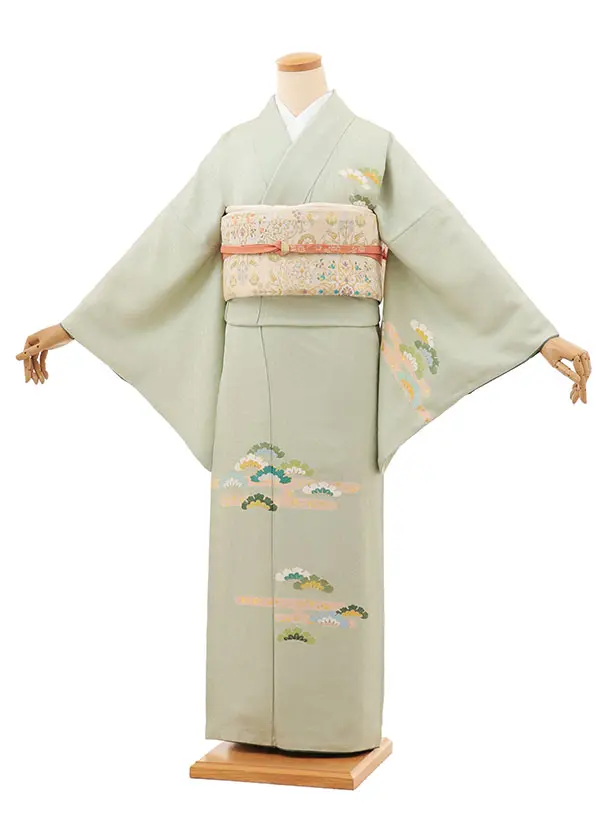 訪問着t1439  山葵色 かすみに松