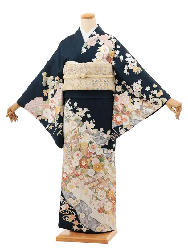 訪問着t1454 紺地 几帳に花づくし