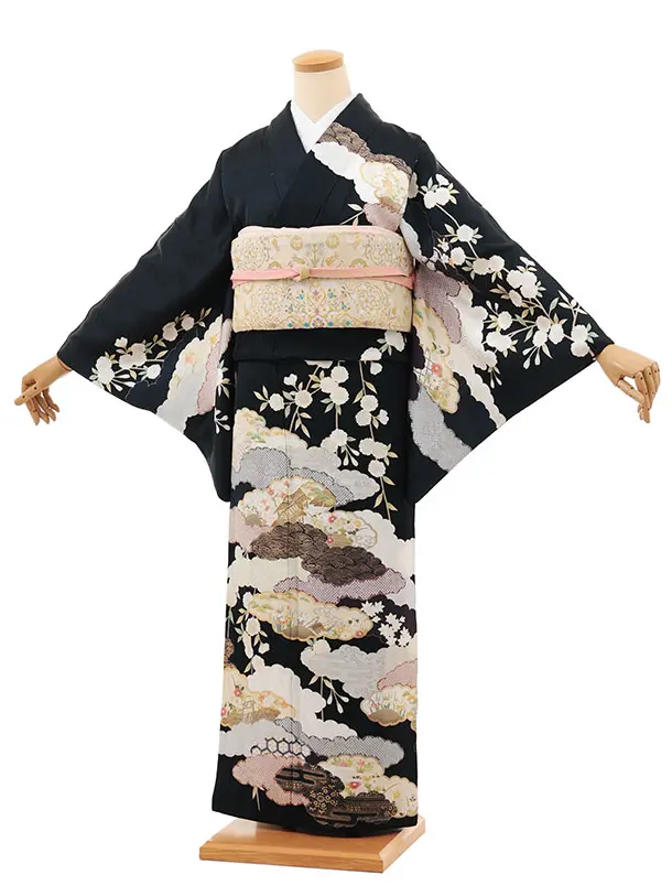 訪問着t1461 紺地 桜に雲取り