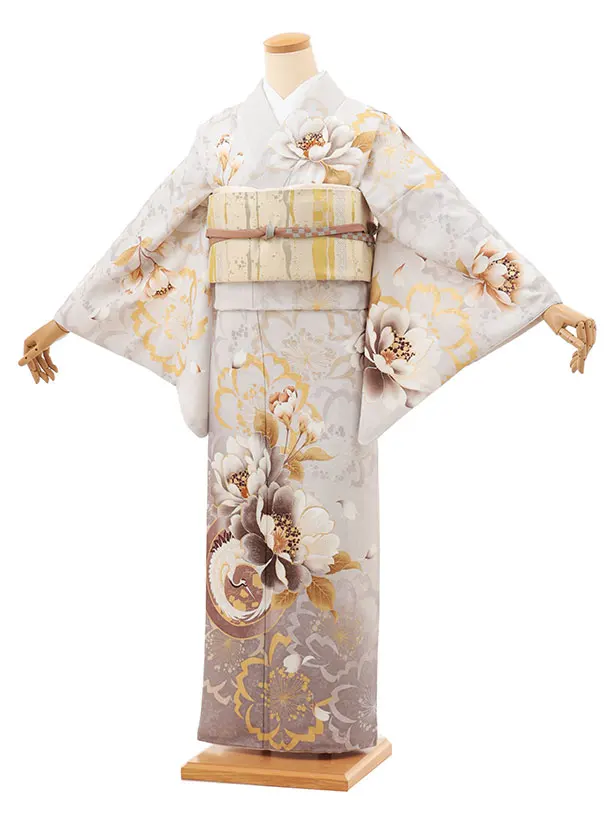 訪問着t1474 グレー 鶴文 牡丹(化繊)