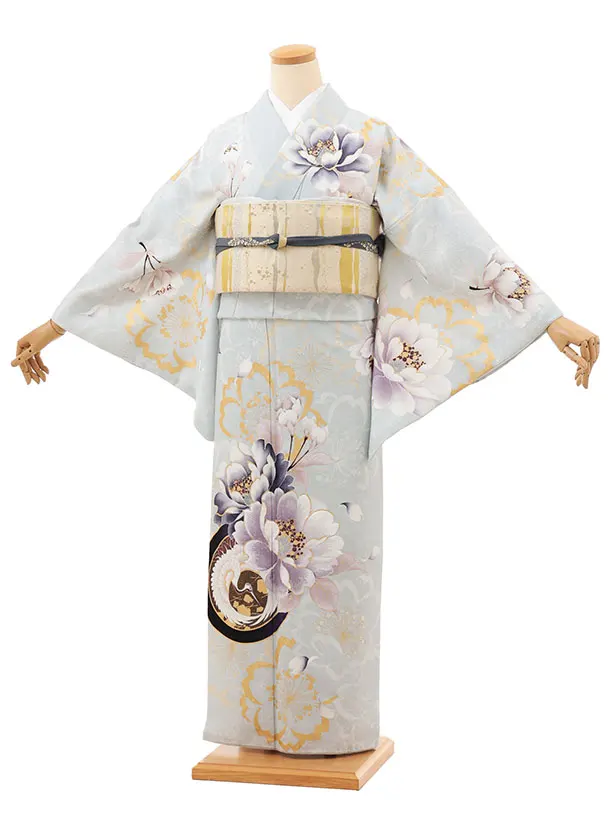 訪問着t1475 ペールブルー 鶴文 牡丹(化繊)