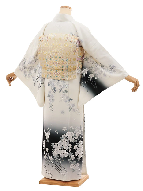 訪問着　フルセット　着物　正絹　たたき染め　花　金　白黒　トールサイズ　O2 r2041-f-2.jpg