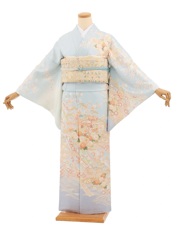 訪問着t1583 水色 熨斗に貝桶四季花