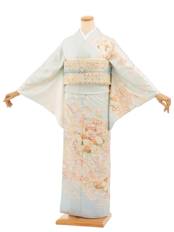 訪問着tt1111(トールサイズ) 白緑色牡丹藤桜 | 着物レンタルの京都