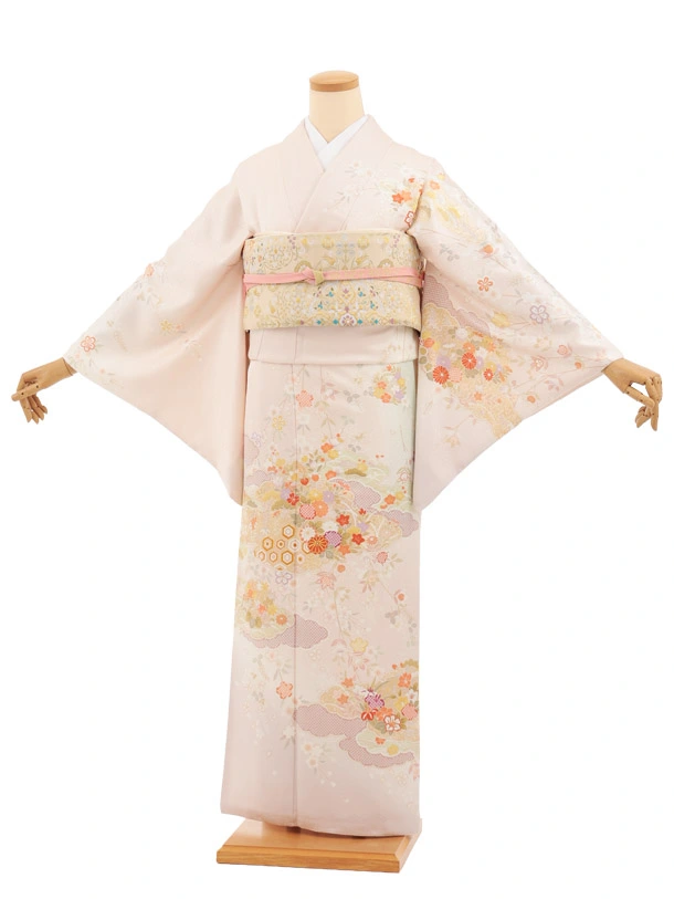 訪問着　フルセット　着物　正絹　ピンク　花梅桃鳥　トールサイズ　桜舞う　A2 1AD1672000.webp