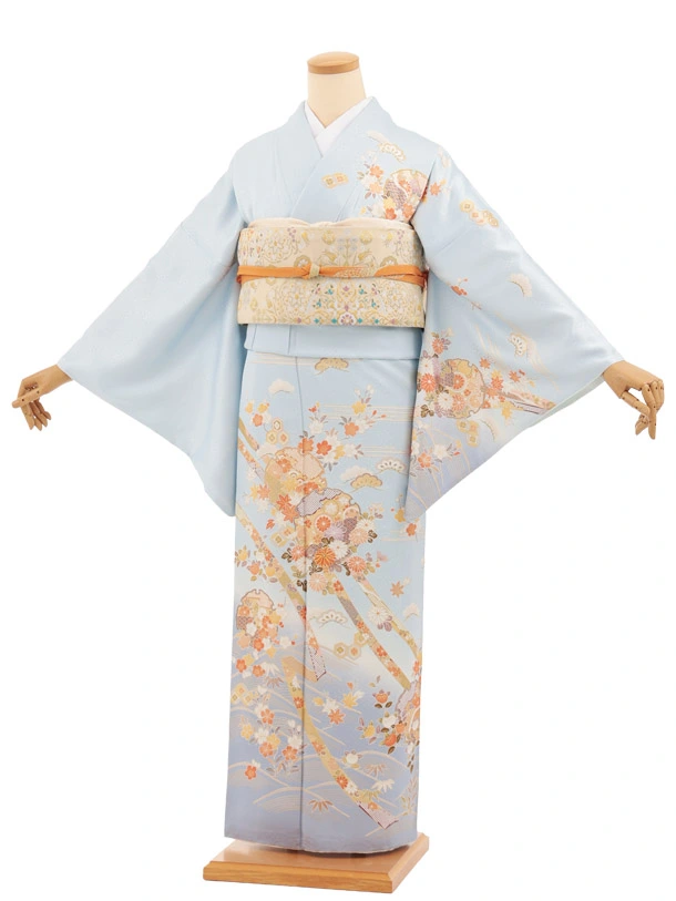 訪問着t1675 水色 雪輪 四季花 | 着物レンタルの京都かしいしょう