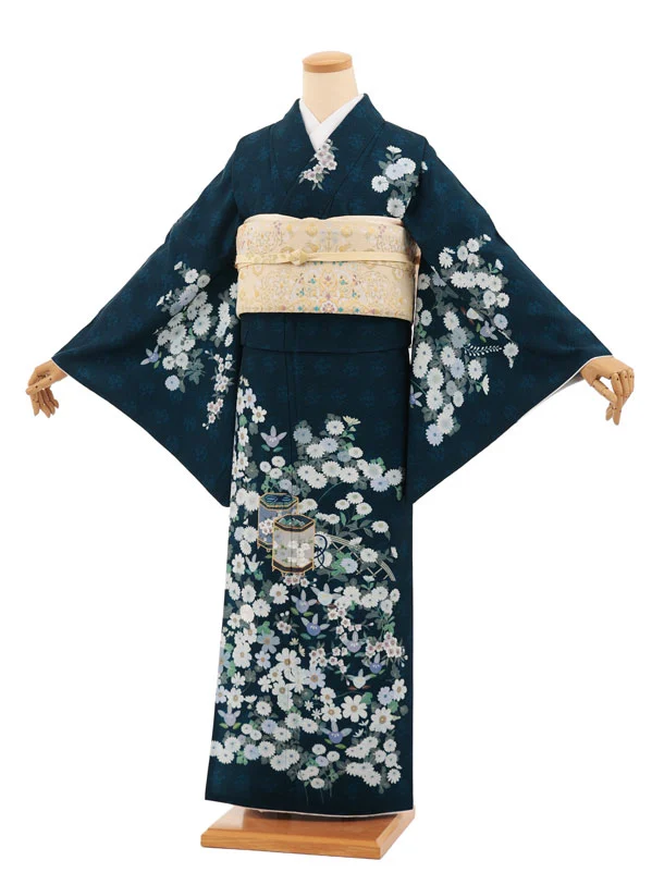 訪問着　フルセット　辻ヶ花　手絞り　手刺繍　豪華　パールトーン加工　入学式　L3 訪問着t1350 ブルー 辻が花調 | 着物レンタルの京都かしいしょう