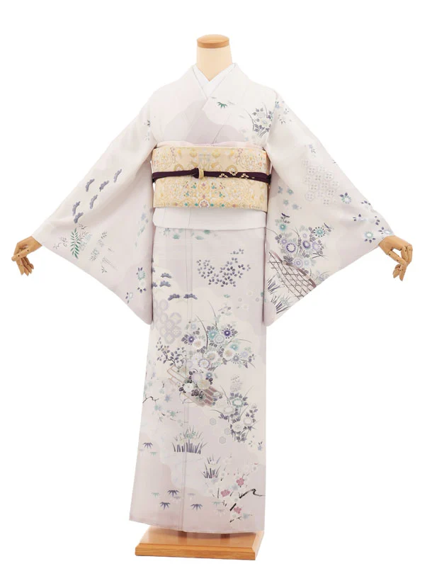 梅乃【201】正絹　訪問着　フルセット　控えめ　お茶席　トールサイズ　裄69 訪問着tt1676(トールサイズ) 淡アイスグレー 花車に松竹梅 | 着物