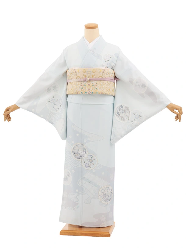訪問着t1690 アイスブルー 雪輪に花