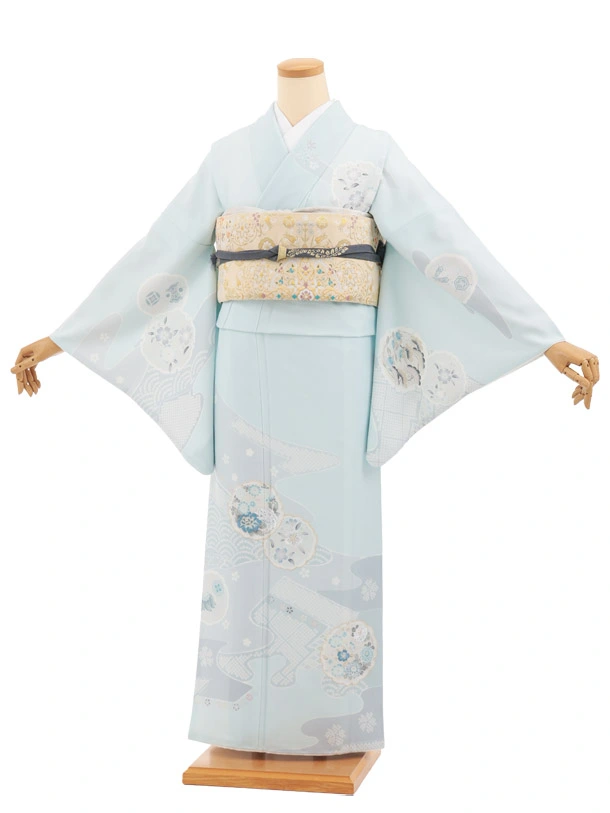 訪問着t1691 ペールブルー 雪輪に花