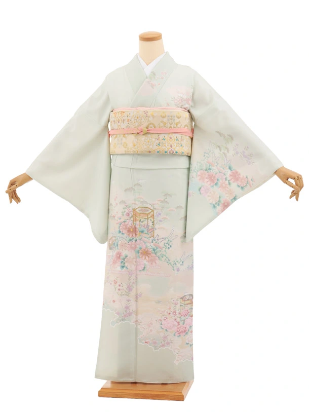 訪問着t1694 ペールグリーン 貝桶 小花