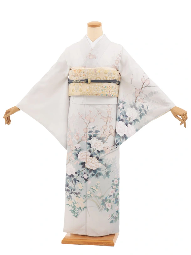 訪問着t1696 淡グレー 牡丹と梅