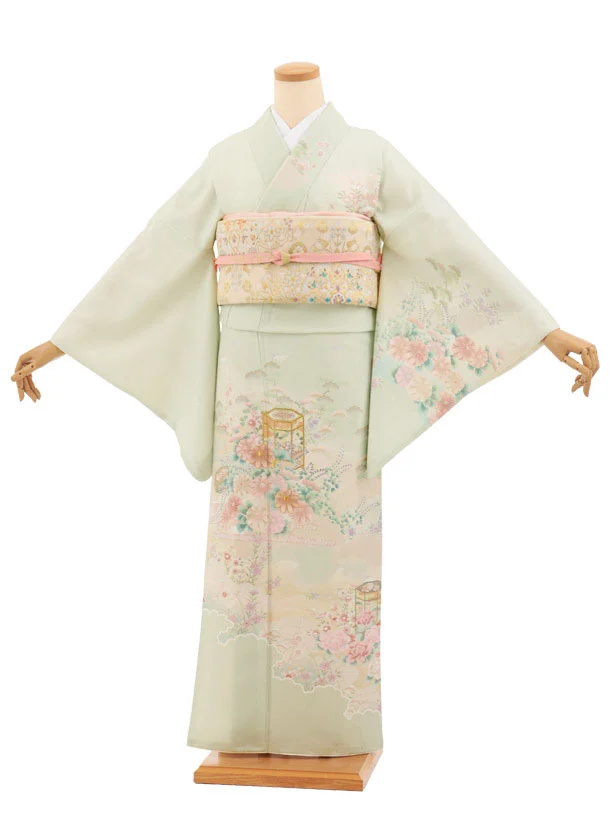 訪問着tt1711(トールサイズ) ペールグリーン 貝桶 小花